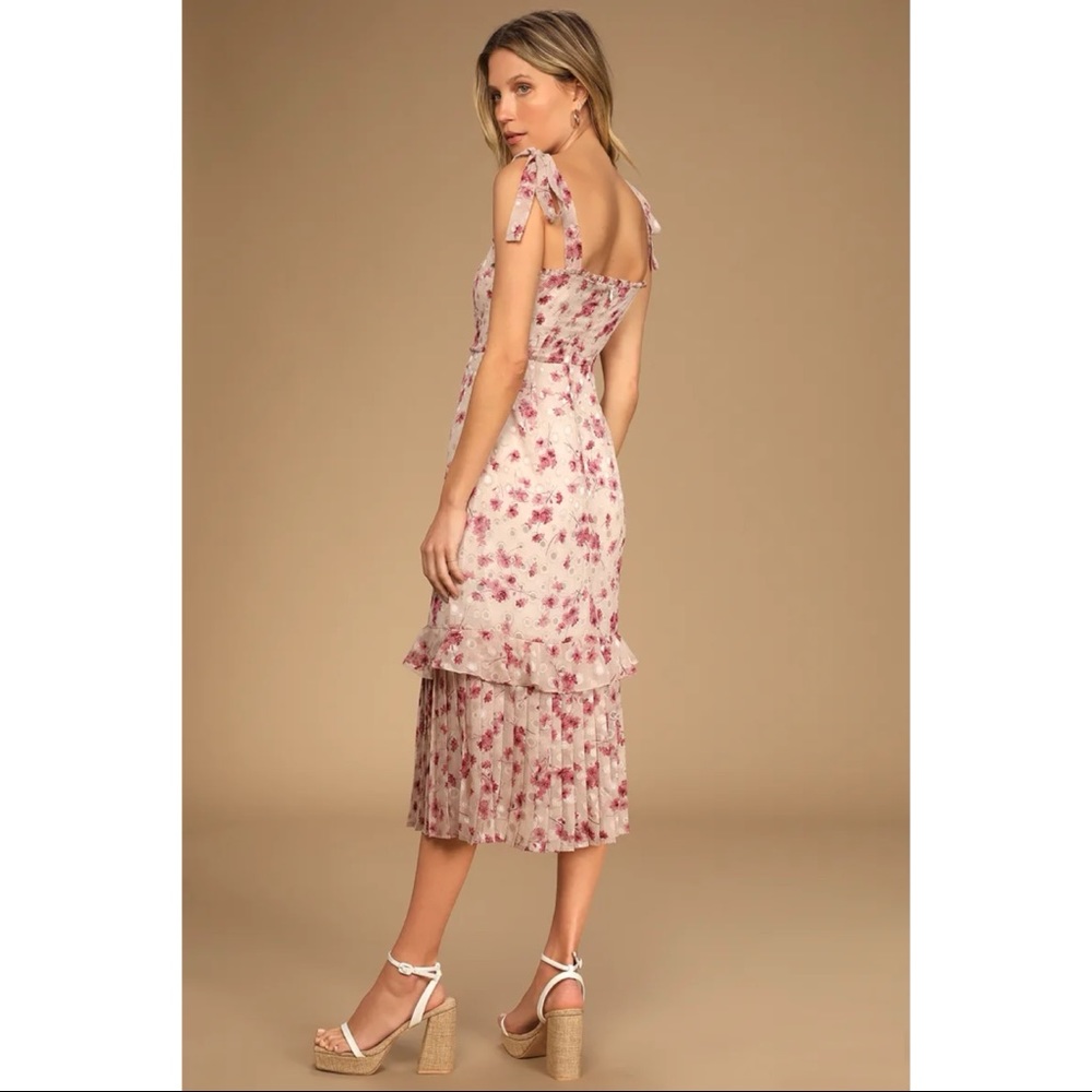 NWOT Lulus Terrace Views Taupe Floral Print Tiered Midi Dress XSMALL - Picture 4 of 15